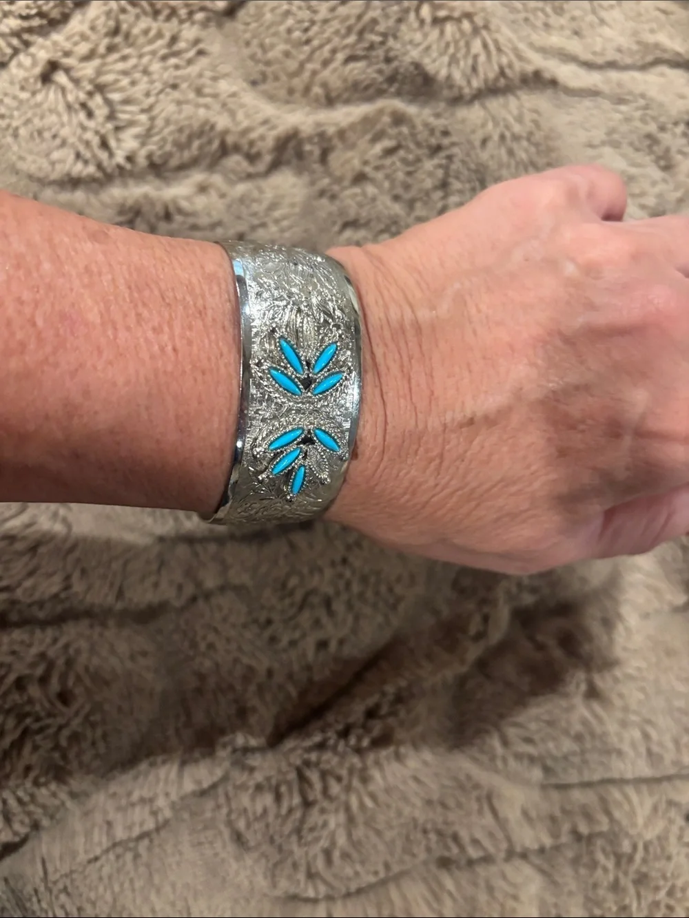 Sterling Silver-Tone Turquoise Accent Wide Band bracelet cuff- Women's Jewelry